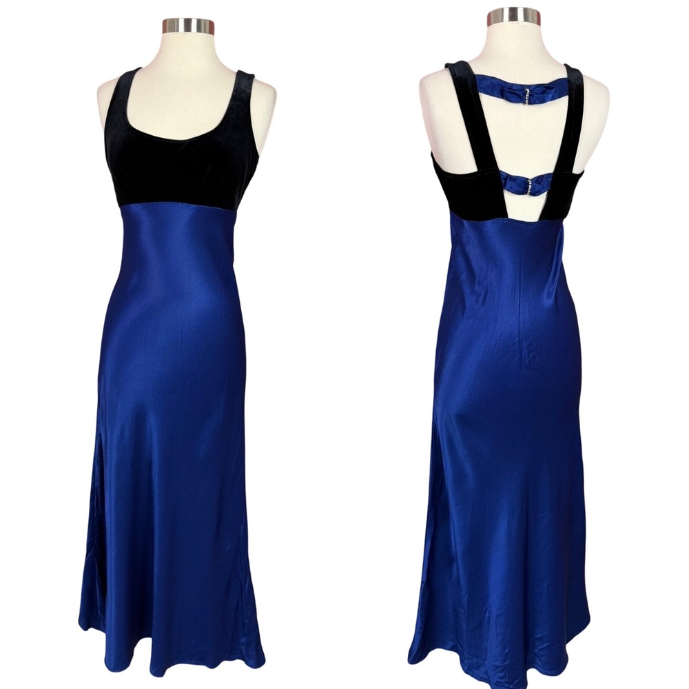 Vintage Steppin Out Blue Satin Black Velvet Bow Back Maxi Dress Size 3/4 2662/C